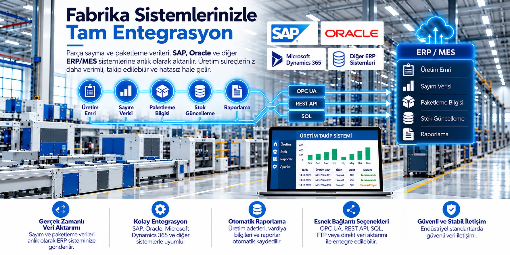 Fabrika sistemlerinizle tam entegrasyon: üretim emri, sayım verisi, paketleme bilgisi, stok güncelleme ve raporlama verileri OPC UA, REST API veya SQL üzerinden SAP, Oracle, Microsoft Dynamics 365 ve diğer ERP/MES sistemlerine gerçek zamanlı aktarılır.